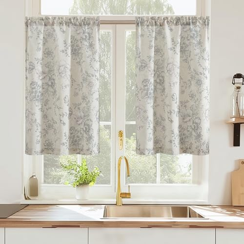 TOPICK, tende in lino con rete, fiori, tende da cucina, stile casa di campagna, tende moderne, tenda corta da bistrò per soggiorno, bagno, finestra, set di 2 tende corte, 65 x 60 cm (larghezza x
