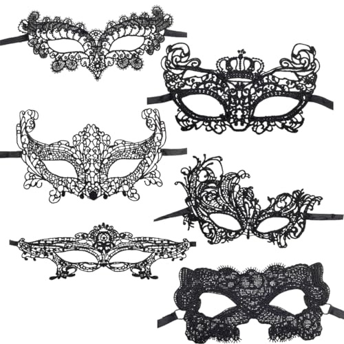Spitze Maske,6 Stück Venezianische Maske Spitze Damen, Schwarz Sexy Lace Augenmaske für Frauen, Augenmaske Maskerade Maske für Halloween Karneval Abendkleid Tanz Ball Party
