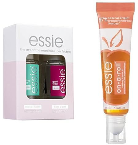 Bundle aus essie Routine Set (Unterlack strong start, Überlack good to go) + essie on a roll apricot nail & cuticle oil, spendet Nägeln und Nagelhaut Feuchtigkeit, in praktischer Reisegröße, 13,5 ml
