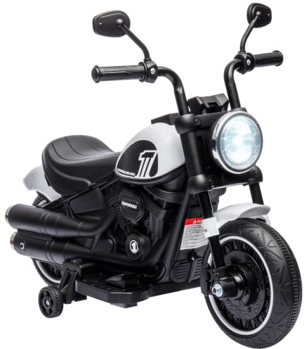 HOMCOM Elektro Kindermotorrad mit Scheinwerfer für Kinder 1,5-3 Jahre Weiß | Elektromotorrad, 3 km/h Elektro Motorrad, 2 Stützräder