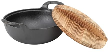 lvifloae Wok avec couvercle, sauteuse en fonte à 2 poignées, couvercle en bois, poêle, pour sauter, cuisiner, griller, cuire à la vapeur 20 cm