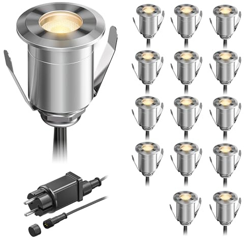 ledscom.de LED Boden-Einbauleuchte BINO für außen, IP67, 32mm Ø, warmweiß, 15er Set