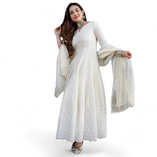 RangMahal - Abito da donna in cotone Chikankari Anarkali indiano Kurti per donna abito estivo kurta con set Dupatta, bianco sporco, Large