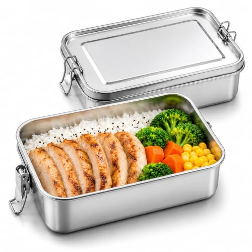 2 fiambreras de acero inoxidable de 850 ml con tapa a prueba de fugas, cajas Bento con clip de bloqueo, fiambrera de metal portátil para alimentos para adultos y niños, lonchera para ensaladas,