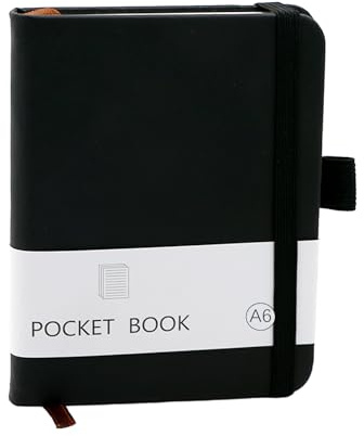 CiciIng Taccuino piccolo formato A6, taccuino tascabile con chiusura elastica, mini quaderni con portapenne, tasche per diario scolastico, lavori di ufficio (nero)