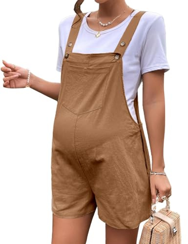 Sukany Women's Maternity Overall Shorts Casual Pregnant Jumpsuit Adjustable Strap Sleeveless Short Romper Shortalls Brown S