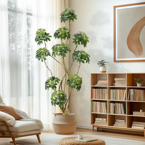 Garvee Künstlicher Schirm Scheffler Baum 210 cm, Künstliche Pflanzen Groß wie echt mit Stamm aus Naturholz, Kunstbaum Groß für Wohnzimmer, Schlafzimmer, Büro, Garten