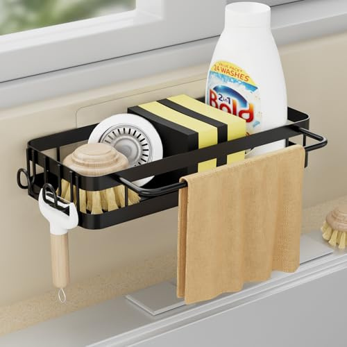 Bonhoom Spülbecken Organizer Küche Schwammhalter, Küchen Spüle Organizer mit Spültuchhalter und Zwei Haken, Metalle Hängender Kitchen Badezimmer Organizer Schwarz - ohne Bohren