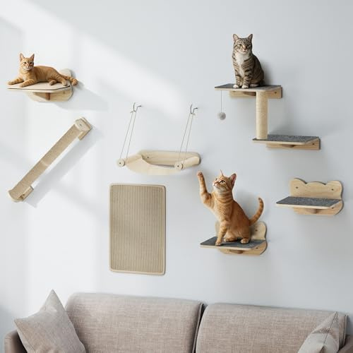 TAUS Wand-Kratzmöbel Set, Robuste Massivholz-Katzenmöbel, 7-teiliges Katzewand-Zubehör mit Katzenleiter, Kratzsäulen und Kratzbrett für Schlafen, Spielen und Entspannen