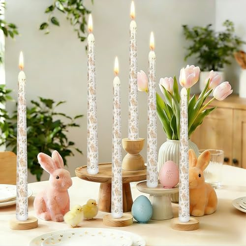 JarThenaAMCS 6Pcs Easter Dripless Taper Candles 10 Inch Long Unscented Candle Sticks Watercolor Bunny Rabbit Floral Leaves Candle for Spring Wedding Bridal Shower Birthday Table Decoration
