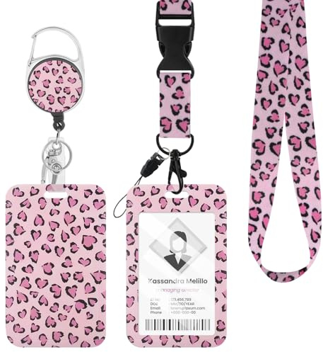 Fycyko Kartenhülle mit Band Herzchenmuster Ausweishülle mit Band Rosa Ausweishalter Ausweis Busfahrkarten Hülle Schüler für Frauen und Mädchen Lehrer Krankenschwester