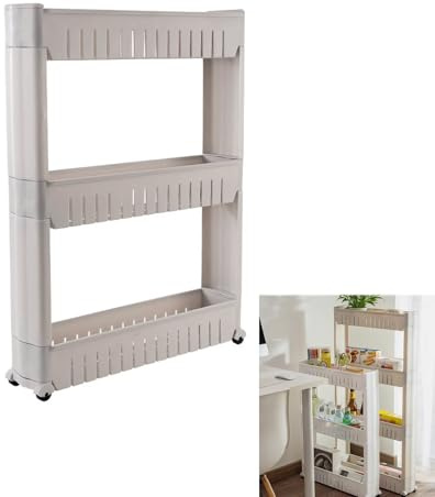 Tielag Scaffale per nicchia a 4 livelli, carrello da cucina con ruote, 12 x 54 x 101 cm, salvaspazio, in plastica, per cucina, bagno, ufficio, camera da letto, grigio