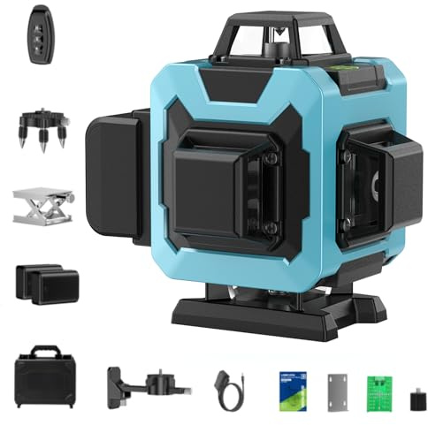 16 Line Laser Level 360 Self Leveling, 4x360°Professional 4D Green Cross Line Laser Level with 2 Batteries, Adjustable Brightness & Remote Control, for Tiling Floor Construction and Picture Hanging