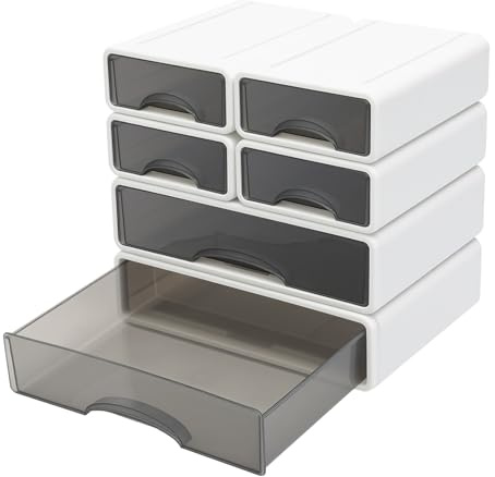 MEHOOSPVN Set med 6 skrivbordslådor, stapelbara kontorslådor, förvaringslåda med låda, A4, A5-format låda, skrivbordsorganisatör för kontor, skola, brevpapper, vit