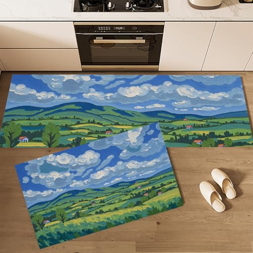 Conjuntos de Alfombras de Cocina, Pintura Óleo Colinas Campos Y Paisajes Rurales., 2 Piezas Alfombra Antideslizante Lavable para Baño/Cocina, Alfombra para Piso Que Atrapa el Agua, 40x60cm+40x120cm