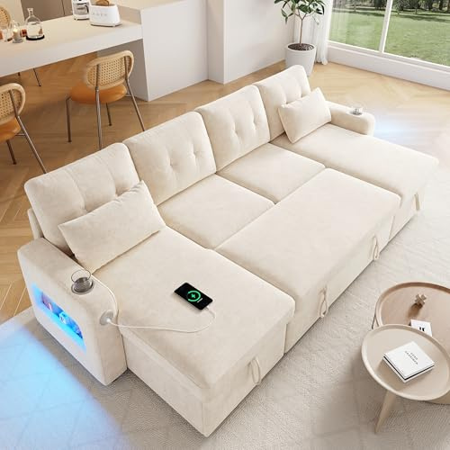 Luscriate Ecksofa-Bett ausziehbares U-Sofa mit Schlaffunktion, Stauraum, Doppel-Chaiselongue, Getränkehalter, USB- und LED-Beleuchtung, Armlehnen Beige