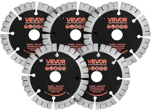 VEVOR Disque Diamant 125 mm Lot de 5, Disque à Tronçonner pour Rainureuse Murale, Alésage 20 mm, Segments Diamantés, Noyau en Acier 65Mn, Coupe à Sec et Humide pour Béton, Pierre, Brique et Ciment