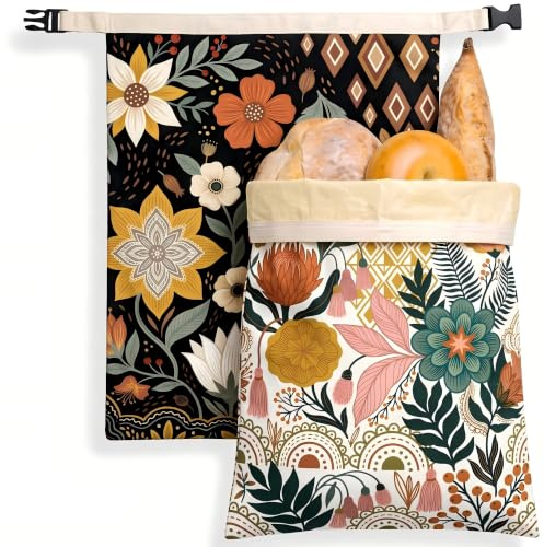 JoyAura 2 Pcs Beeswax Bread Bag for Homemade Bread, Boho | Reusable Cotton Wax Sourdough Bread Bags with Buckle, Storage Keeps Fresh for Bakery, 43 x 32 cm
