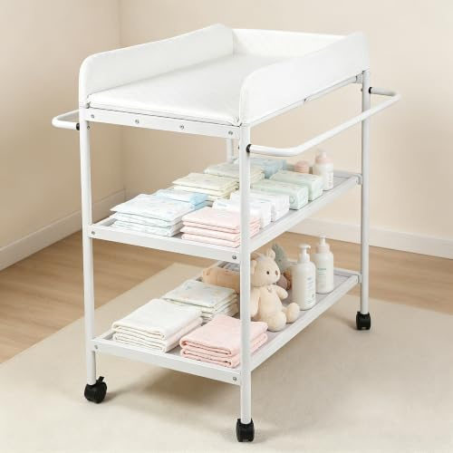 Table à Langer Mobile avec 2 Étagères et Matelas, 84x48x90cm | Roulettes Pivotantes, Ceinture de Sécurité, Charge max. 130 kg, Structure en Acier Épais, Multifonction