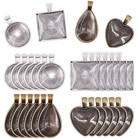 GLARKS 48-Pieces 4 Styles Pendant Trays 24pcs round & square & heart & teardrop and 24pcs Bright Glass Cabochon Dome Tiles for Crafting DIY Jewelry Gift Making