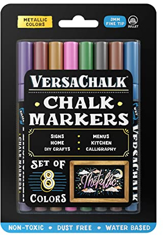 VersaChalk Metallic Liquid Chalk Markers for Blackboards (8 Pack, 3mm, Fine Tip) - Erasable Washable Chalk Pens for Chalkboard Signs, Windows, Glass, Events, Business and more