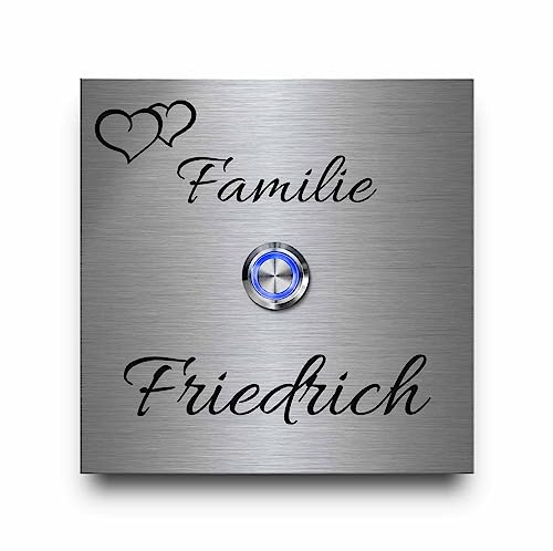 Edelstahl Türklingeln mit individueller Gravur - Klingel Modell Friedrich ab 8x8 cm und einem Premium LED Klingelknopf Taster | Klingelschilder optional mit schönen Acrylplatten