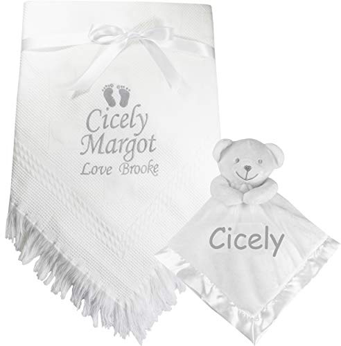 Personalised Gift Message White and Silver Baby Shawl Blanket with 3D Teddy Comforter