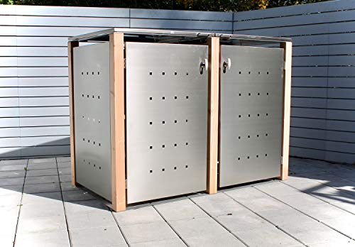 KIRCHBERGER METALL Mülltonnenbox bis 240 Liter Edelstahl Holzpfosten 2er Box mit Befestigungsset abschließbarer Griff Lärche (Pflanzendach)