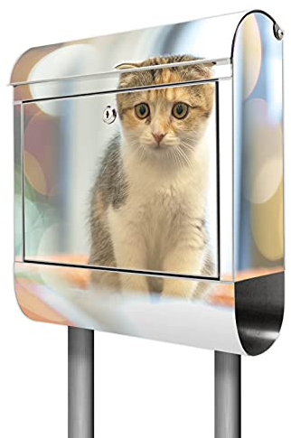 banjado® Briefkasten mit Standfuß Motiv Kleine Katze - Stand Briefkasten Edelstahl mit Zeitungsfach - Postbox/Postkasten A4 Einwurf inkl. Montagematerial & 2 Schlüssel
