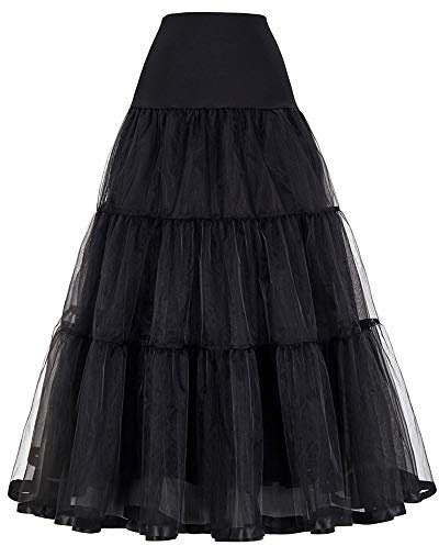 Linghe 50-tals Lång Underkjol Veckad Krinolin Vintage Bröllop Brud för Bröllopsklänningar Rockabilly Tyllkjol, Svart, M