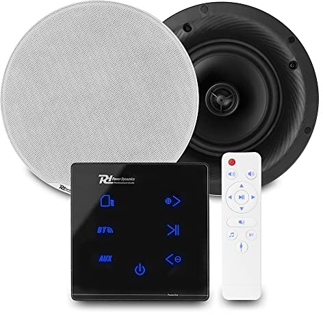 Power Dynamics Powerline Bluetooth Ceiling Speaker System–A50B In-Wall Amplifier with 2x FCS8 8 Speakers–Home Audio System with Wireless Streaming, MP3, AUX Input & Magnetic Grilles