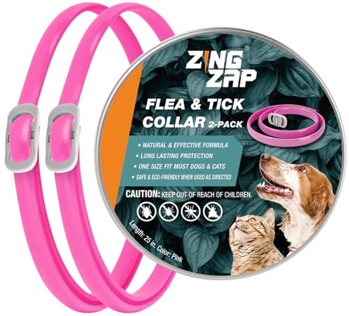 ZingZap Flea & Tick Collar 2-Pack Pink, Protects from Biting Insects, Adjustable Fits Both Dogs & Cats, Built-in Plant Based Formula, Slow-Release Lasting Protection, Waterproof