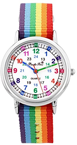 Pacific Time Montre-bracelet pour enfant fille garçon montre d'apprentissage très facile à lire Changement de bracelet textile arc-en-ciel + quartz analogique, multicolore, lanière
