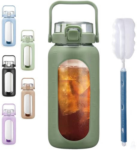 BLUEGO 64oz Glass Water Bottles with Straw Time Marker Half Gallon Large Motivational Water Bottle with Silicone Sleeve 2 Liter Large Glass Water Jug for Gym, Sports& Workout, Daily, 02 Olive