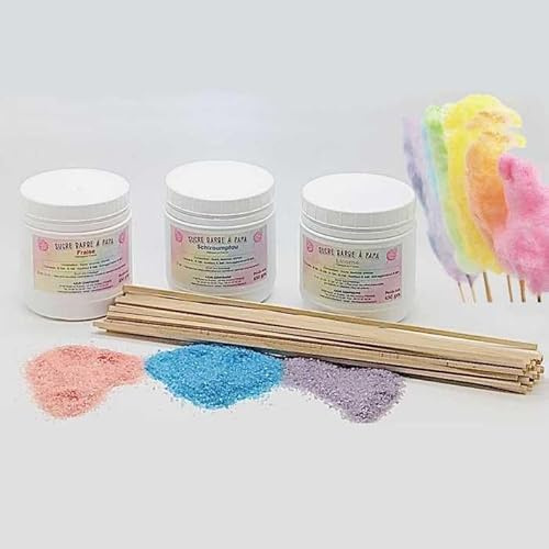 Sucre à barbe à papa lot de 3 X 450 g (Fraise - Schtroumpfou - Licorne) + 50 bâtons de 35 cm