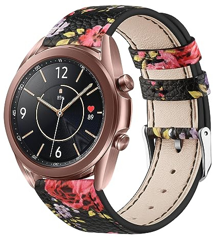 Vancle für Samsung Galaxy Watch 3 41mm Armband Leder Damen Herren, Weiches Atmungsaktives Sport Armband Ersatz für Samsung Galaxy Watch 3 41mm(Schwarze rosa Blume)