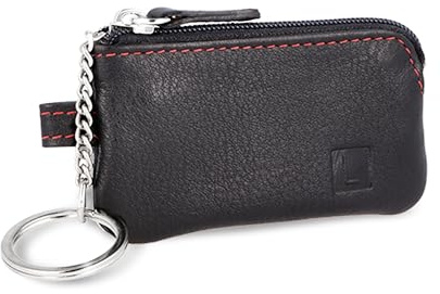 LEDEROW Mini Schlüsseltasche aus echtem Leder in Schwarz mit roter Naht für Damen und Herren, kleines Schlüsseletui für Motorradschlüssel oder einzelne Hausschlüssel