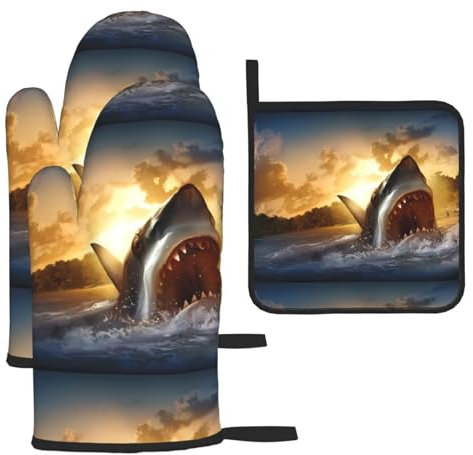 At Dusk Fish - Set di 3 guanti e presine antiscottatura per cucinare e grigliare, regalo di Natale per la festa della mamma