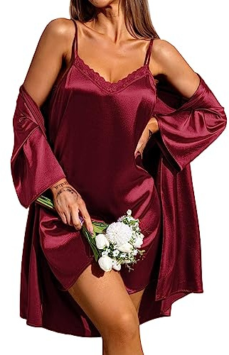 Ekouaer Damen Morgenmantel mit Nachthemd Zweiteiliger Satin Sexy Nachtwäsche Set Seiden Bademantel Kurz Negligees Hochzeit 2er Pack