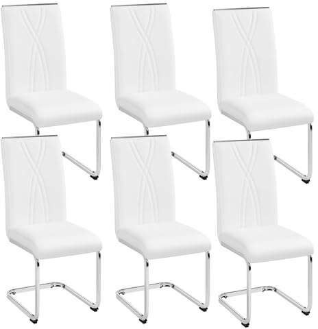 Yaheetech Lot de 6 Chaises Cantilevers Chaises de Salle à Manger en Similicuir Chaises de Cuisine avec Pieds Métalliques Haut Dossier Design Contemporain pour Salon Bureau Chambre Blanc