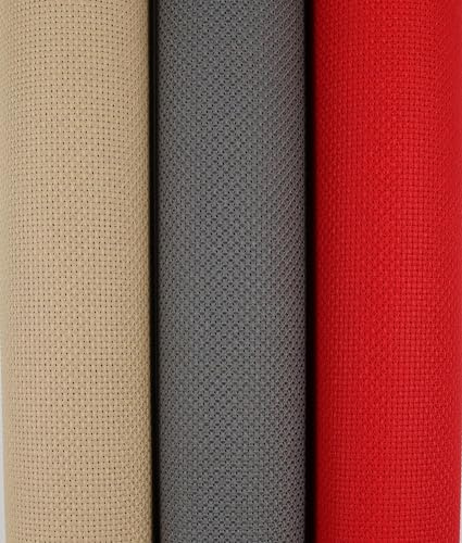 KCS 3 pc of 15 x 18(38cmx45cm) Counted Cross Stitch Cotton Aida Cloth Needlework Rolled Fabric Box,14CT,Red+Khaki+Dark Grey
