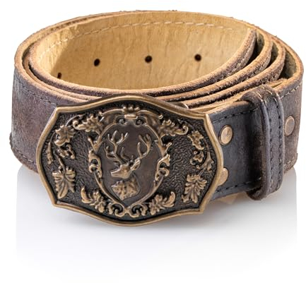 Schöneberger Trachten Couture Herren Trachtengürtel aus Leder, Lederhosen Gürtel mit Hirsch Kupfer-Schnalle, Ledergürtel Loris (54-56)