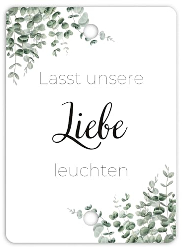 50x Lasst unsere Liebe leuchten Wunderkerzen Hochzeit Etiketten - Schöne, doppelt gelochte Kärtchen für Wunderkerzen und Knicklichter (Eukalyptus)