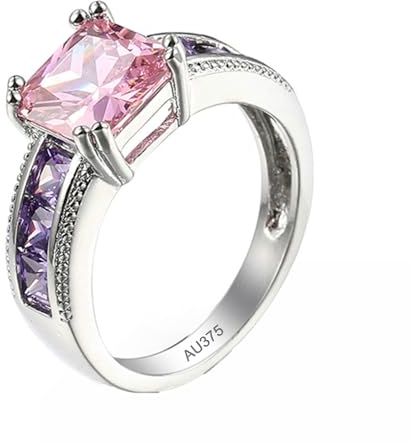 AMDXD Weiß Gold 9K Au375 Freundschaftsringe, rosa Kristall Elegant Partnerringe Rosa, Amethyst Trauringe Gold 375, Echt Schmuck, Gr.56 (17.8)