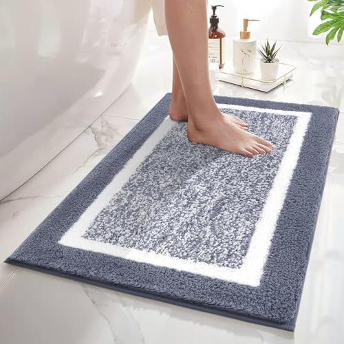 SHACOS Bathroom Rug Mat Fluffy, Microfiber Shaggy Bath Mat, Non-Slip Soft Bathroom Carpet, Super Absorbent Quick Drying, Machine Washable, for Shower Floor Bathtub, Grey, 45 x 65 cm