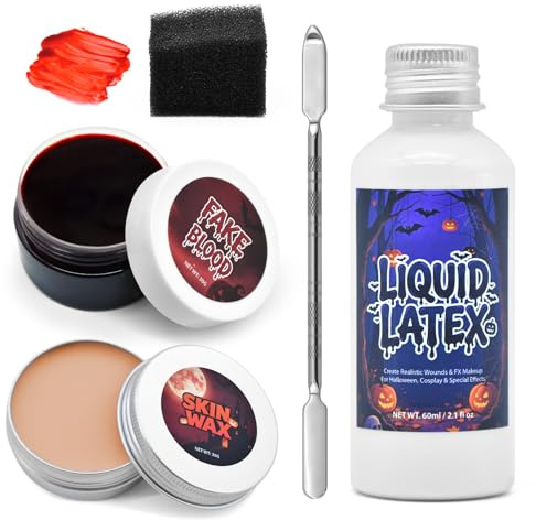 5 Piece Scar Wax SFX Makeup Kit with Fake Blood Gel, Skin Wax, Black Sponge, Spatula Tool, Liquid Latex, Halloween Special Effects Wound Modeling SFX Stage Fancy Dress Up Cosplay Kit