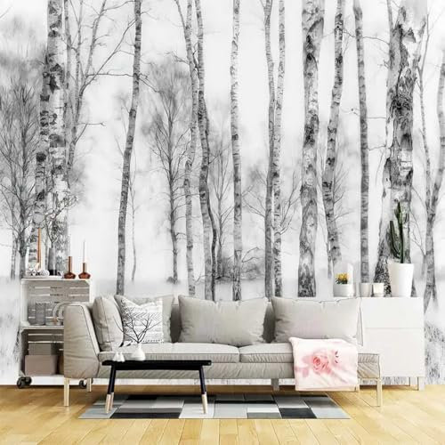 Kitquiver 3D Schwarz-Weiß-Wald Wandbilder 3D Birke Baum Landschaft 3D Foto Tapete Wandbild Wohnzimmer Schlafzimmer Decke Hintergrund Dekoration Malerei 200x140cm