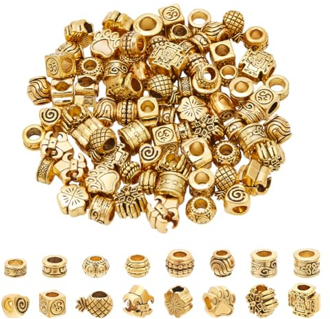 NBEADS 96 Stück Tibetischer Stil Großloch-Perlen, 16 Stile Afrikanische Haarperlen Legierung Europäische Abstandshalter Perlen für Armband Halskette DIY-Schmuck machen, Antike Golden, Loch: 3-6mm