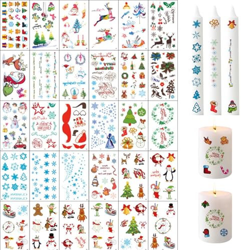 Skeadex 30 Stück kerzensticker Kerzentattoos Weihnachten (300+ Muster), Kerzen Sticker Weihnachten, DIY Wasserschiebefolie Kerzen, Kerzenaufkleber Weihnachts Sticker für Kerze Tasse Dekorieren