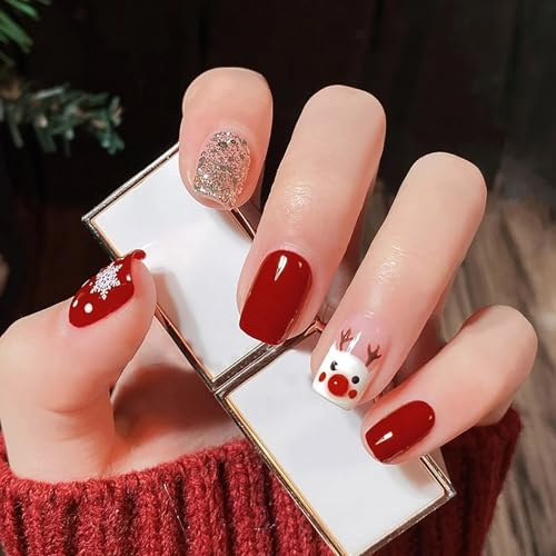 Colorful fruit 24 PCS Noël faux ongles rouge court carré faux ongles Noël flocon de neige Wapiti femme ongles pressés (Rouge, C)